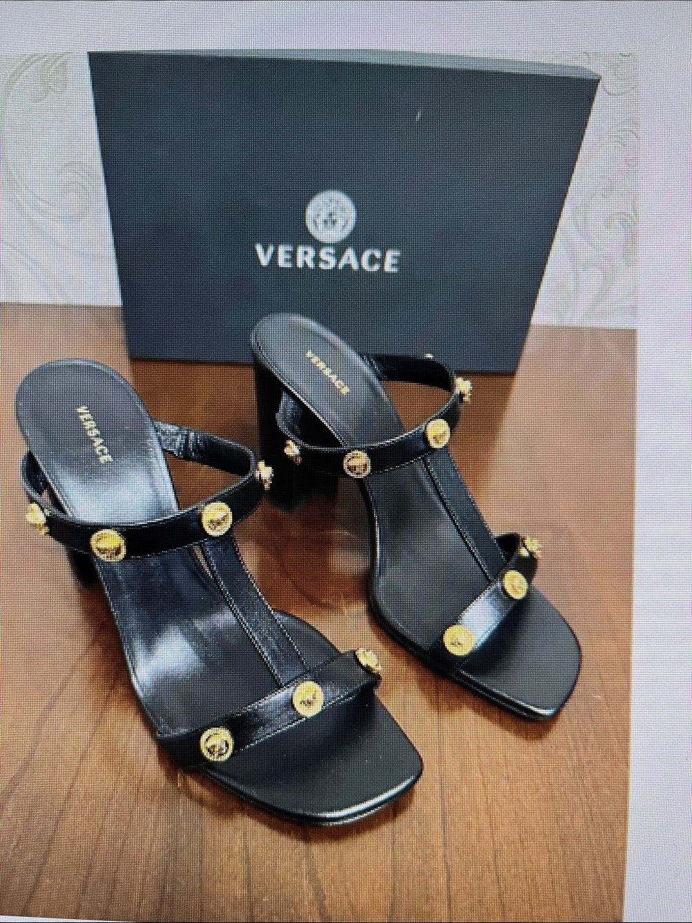 Versace Black Leather T-Strap Block Heel Mules with Gold Medallions - Picture 2 of 9